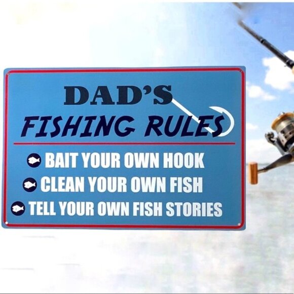 Metal Sign Dad’s Fishing Rules Wall Plaque Retro Vintage Style Coastal Nnautical - Picture 10 of 14